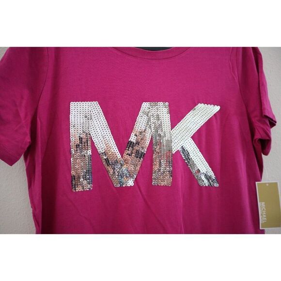 Michael Kors QH350C36TF Women's Sz M Deep Fuchsia "MK" Sequin Logo T- Shirt - Picture 5 of 8